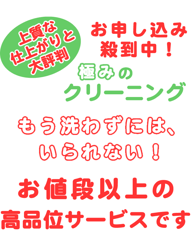 極みのクリーニング。上質な仕上げと大評判で、申し込み殺到中。もう洗わずにいられない、お値段以上の高品位サービスです。