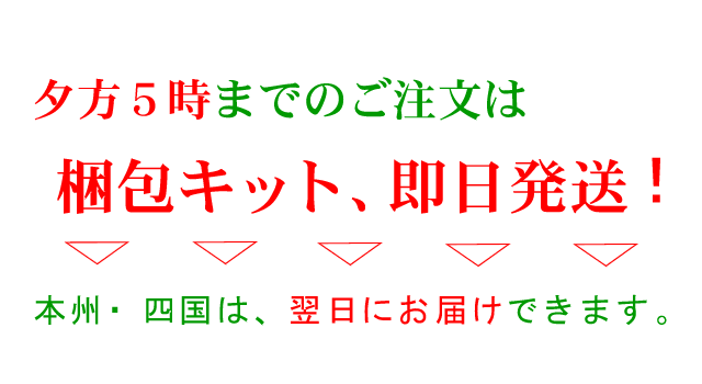 梱包キットの発送の案内、夕方5時までの注文は、即日に発送します！