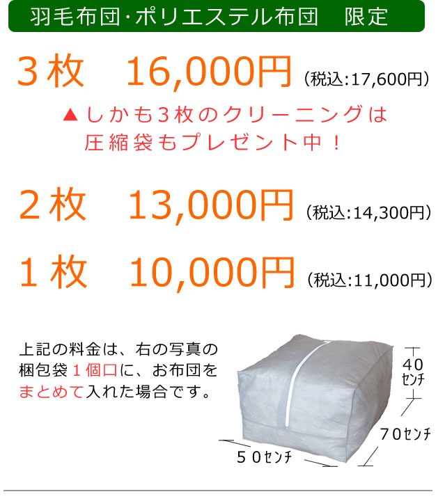 掛け布団だけのクリーニング、３枚16,000円、２枚13,000円、１枚10,000円